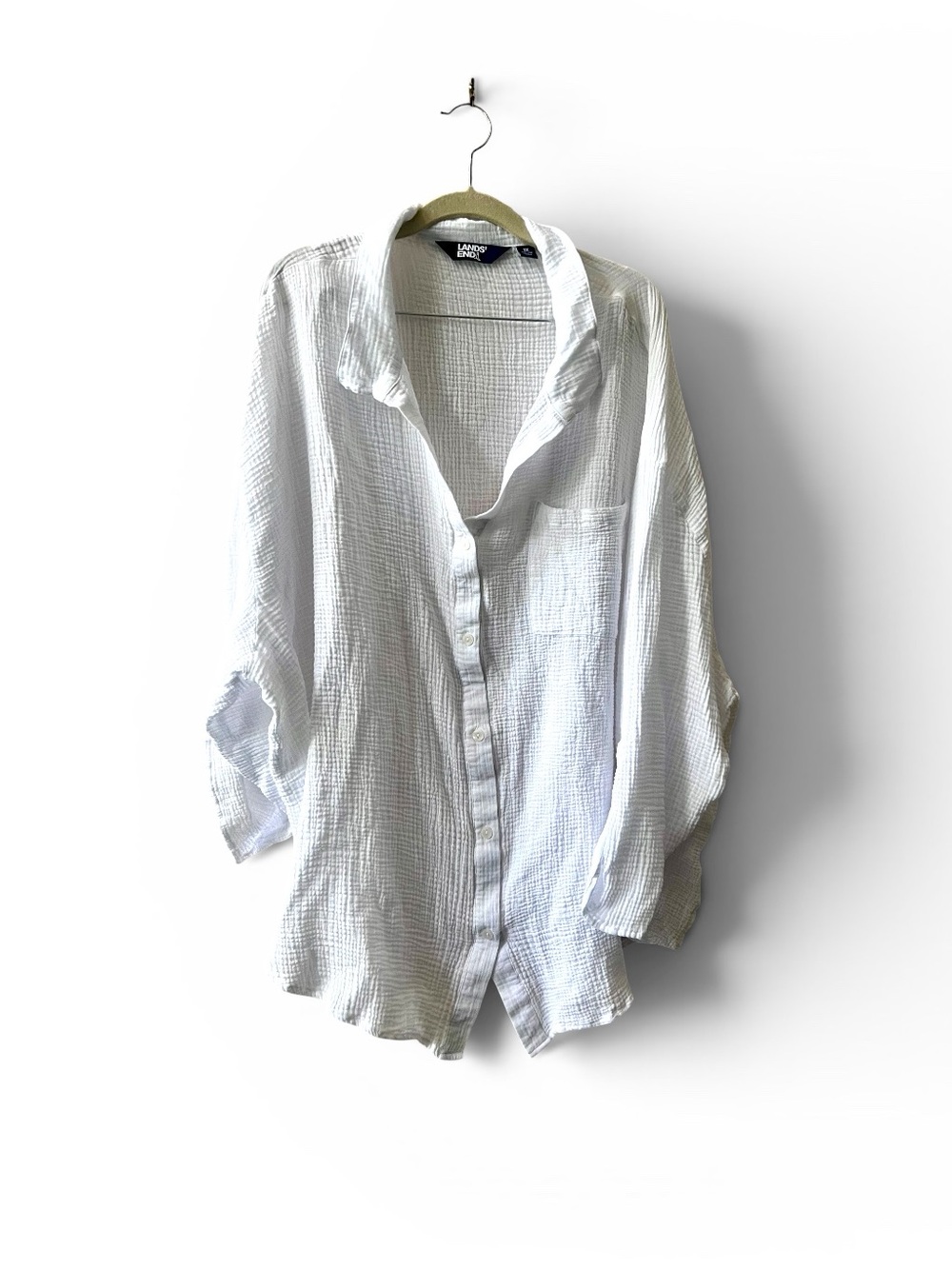 Lands End Roll Sleeve White
Cotton Long Shirt Tunic Cover
Up Sz 1X 100% Cotton